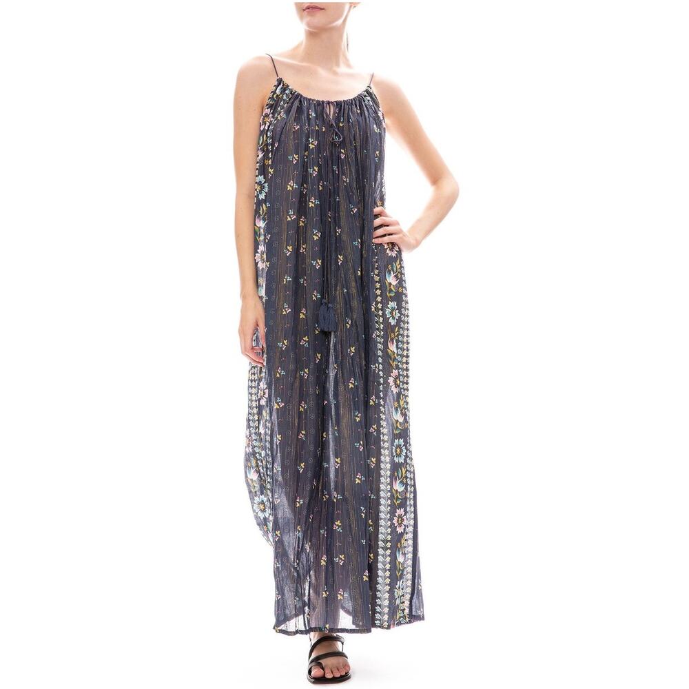 Star Mela Juni Print Maxi Dress Small Navy Floral Metallic Boho Tassel Dress